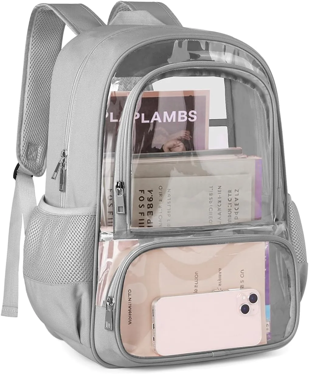 Clear Backpack, Fabric & PVC Transparent Backpack with Reinforced Strap for Women Men, Heavy Duty Transparent Bookbag for School, Large Capacity Clear bag for School, Travel, Security, Grey