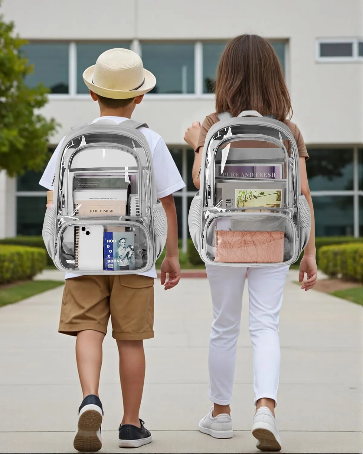 Clear Backpack, Fabric & PVC Transparent Backpack with Reinforced Strap for Women Men, Heavy Duty Transparent Bookbag for School, Large Capacity Clear bag for School, Travel, Security, Grey