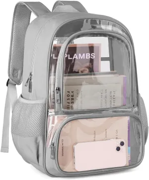 Clear Backpack, Fabric & PVC Transparent Backpack with Reinforced Strap for Women Men, Heavy Duty Transparent Bookbag for School, Large Capacity Clear bag for School, Travel, Security, Grey