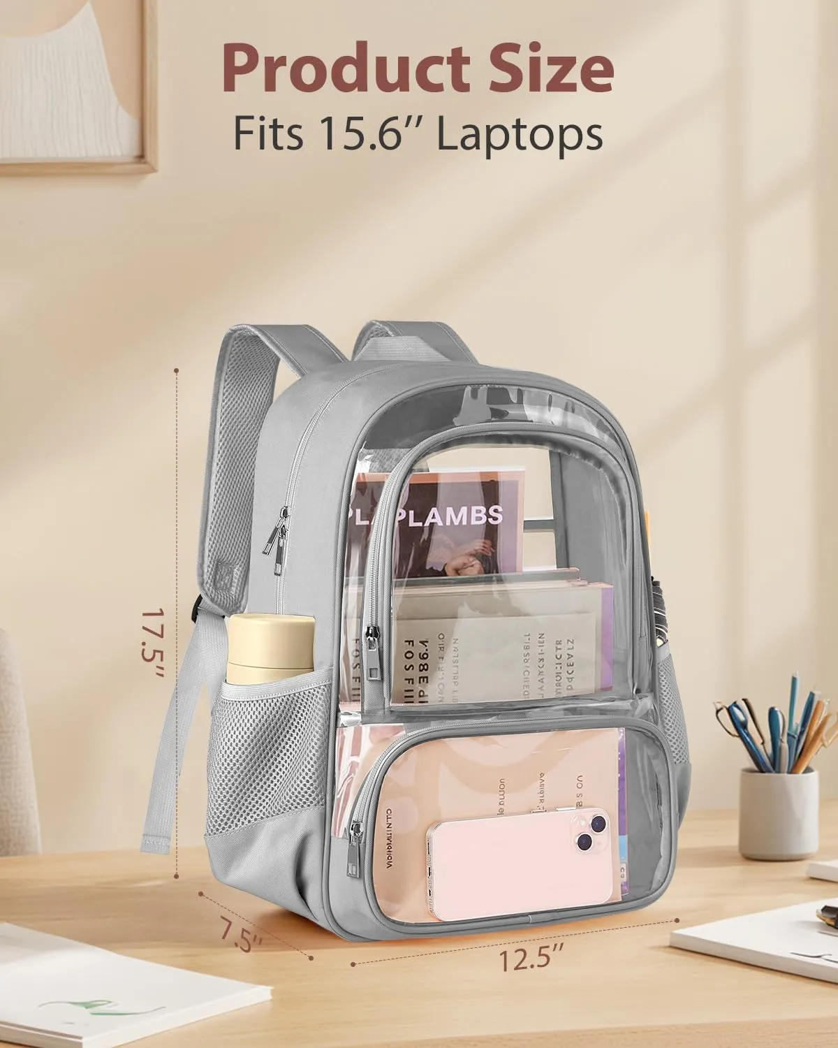 Clear Backpack, Fabric & PVC Transparent Backpack with Reinforced Strap for Women Men, Heavy Duty Transparent Bookbag for School, Large Capacity Clear bag for School, Travel, Security, Grey