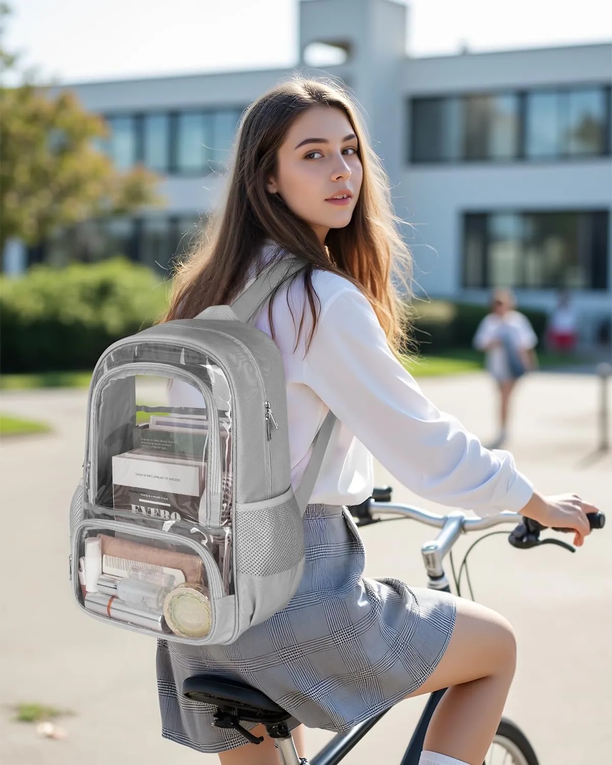 Clear Backpack, Fabric & PVC Transparent Backpack with Reinforced Strap for Women Men, Heavy Duty Transparent Bookbag for School, Large Capacity Clear bag for School, Travel, Security, Grey