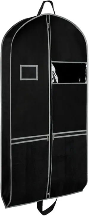 Clear Window Garment Bag Hanging Non-Woven Fabric Clothing Dust Cover Travel Heavy-Duty with Pockets Waterproof Label Foldable Dust-Proof Black M