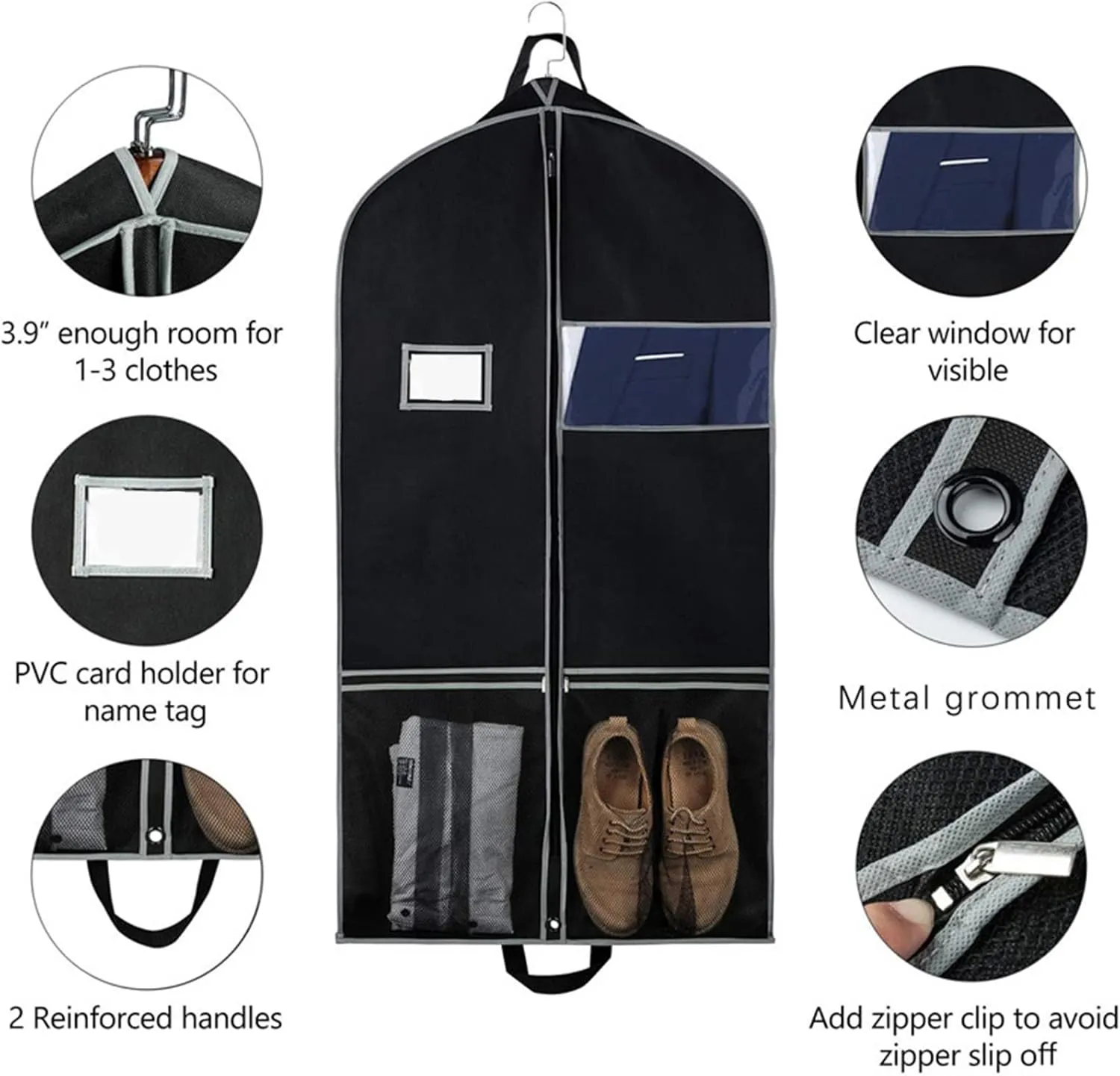 Clear Window Garment Bag Hanging Non-Woven Fabric Clothing Dust Cover Travel Heavy-Duty with Pockets Waterproof Label Foldable Dust-Proof Black M