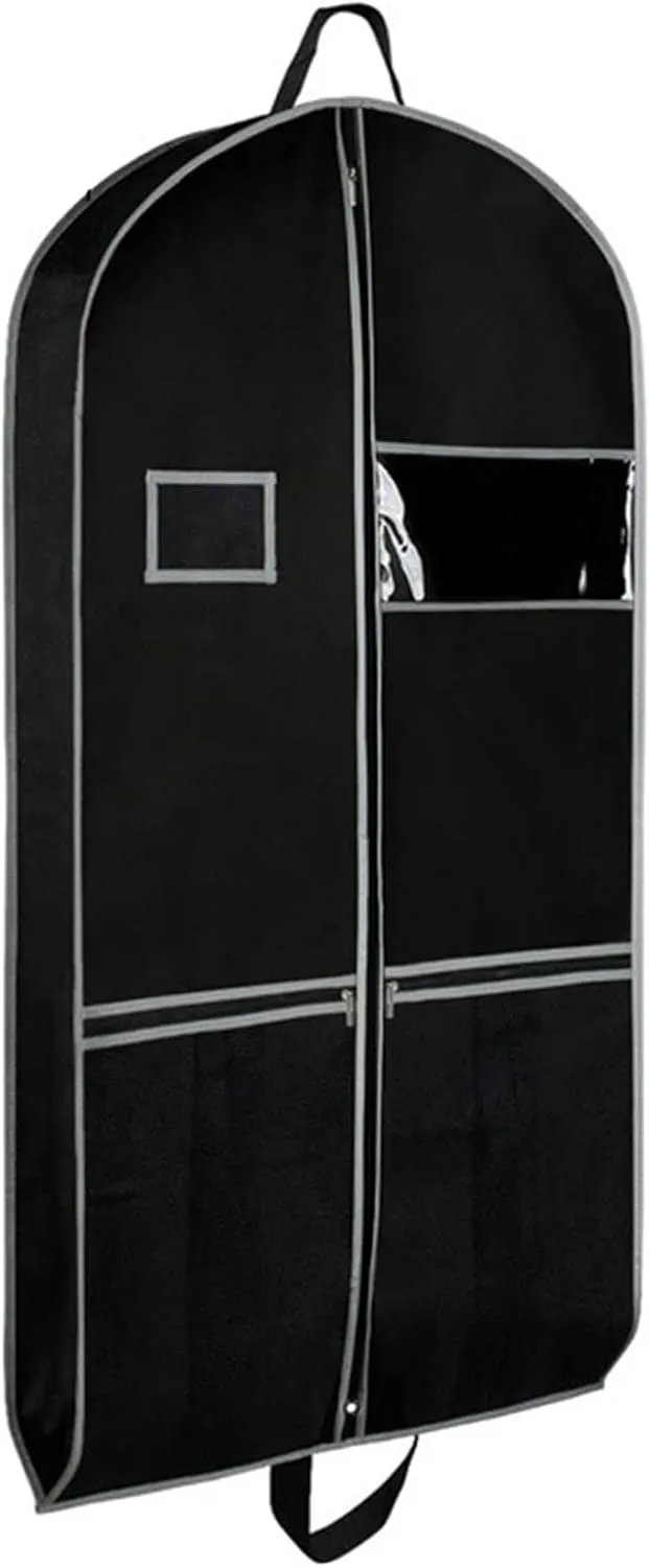 Clear Window Garment Bag Hanging Non-Woven Fabric Clothing Dust Cover Travel Heavy-Duty with Pockets Waterproof Label Foldable Dust-Proof Black M