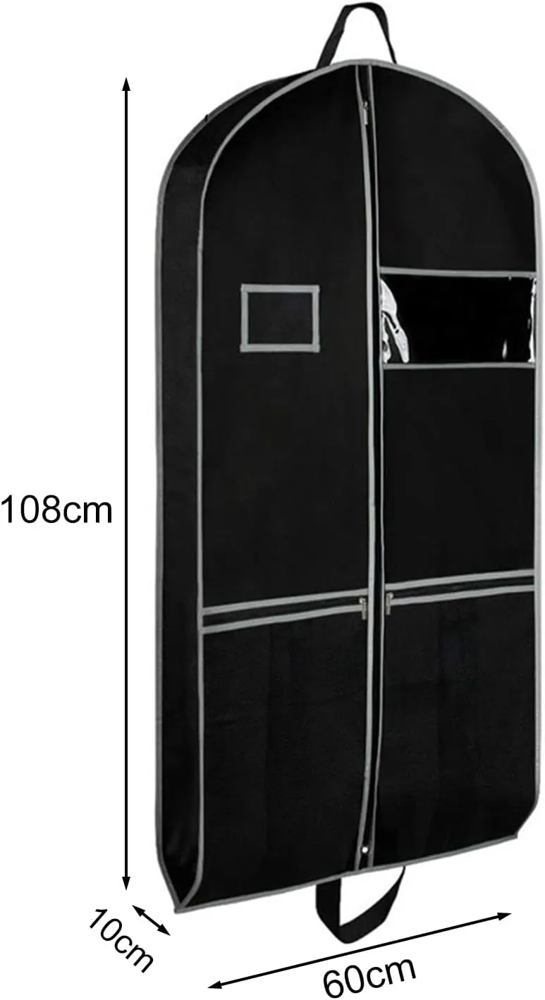 Clear Window Garment Bag Hanging Non-Woven Fabric Clothing Dust Cover Travel Heavy-Duty with Pockets Waterproof Label Foldable Dust-Proof Black M
