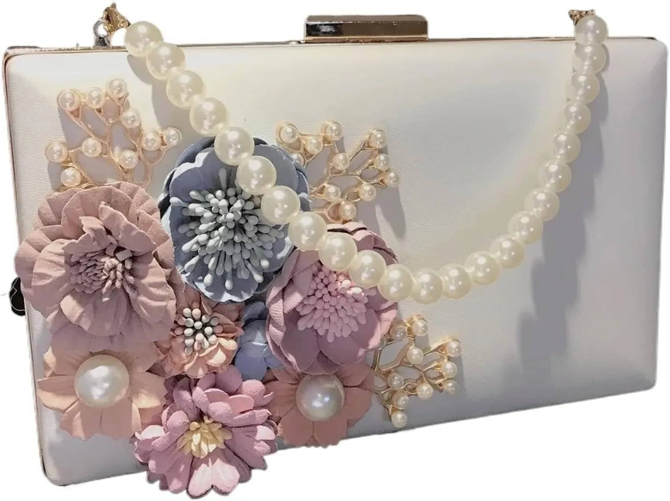 Clutch Purses for Women Elegant Pearl Flower White Flat Flap Clutch Bag for Wedding Banquets and Special Events