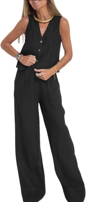 Cotton Linen Summer 2 Piece Outfits Women Linen Button V Neck Vest and Wide Leg Pants Suit Matching Sets
