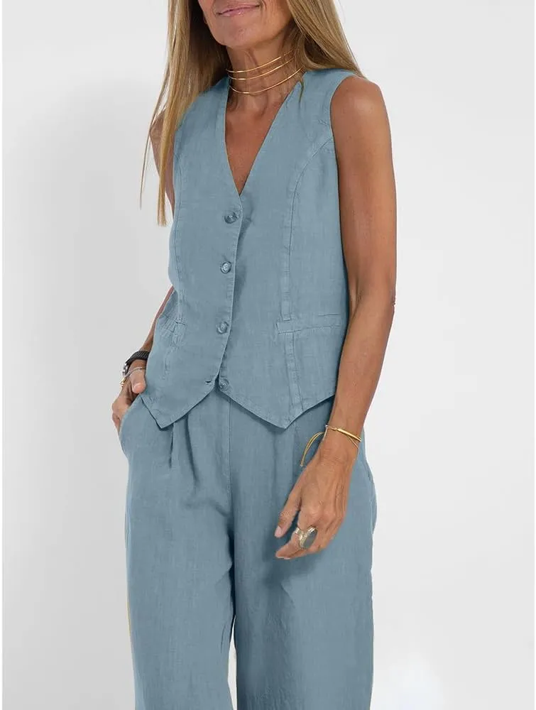 Cotton Linen Summer 2 Piece Outfits Women Linen Button V Neck Vest and Wide Leg Pants Suit Matching Sets