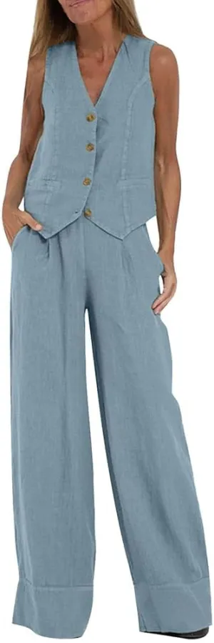 Cotton Linen Summer 2 Piece Outfits Women Linen Button V Neck Vest and Wide Leg Pants Suit Matching Sets