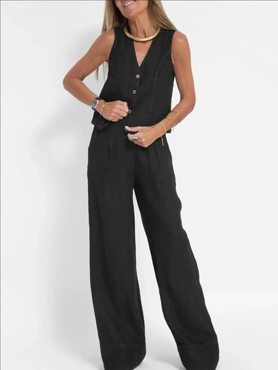 Cotton Linen Summer 2 Piece Outfits Women Linen Button V Neck Vest and Wide Leg Pants Suit Matching Sets