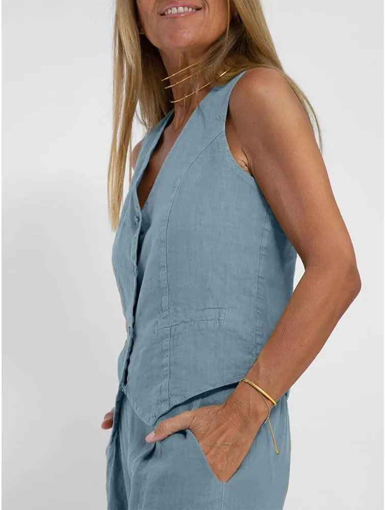 Cotton Linen Summer 2 Piece Outfits Women Linen Button V Neck Vest and Wide Leg Pants Suit Matching Sets