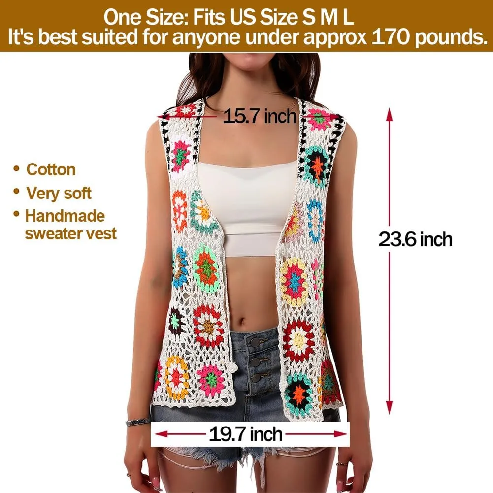 Crochet African Flower Granny Square Crochet Vest, Color Block Sweater, Knitted Multicolor Open Front Cardigan