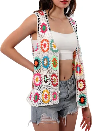 Crochet African Flower Granny Square Crochet Vest, Color Block Sweater, Knitted Multicolor Open Front Cardigan