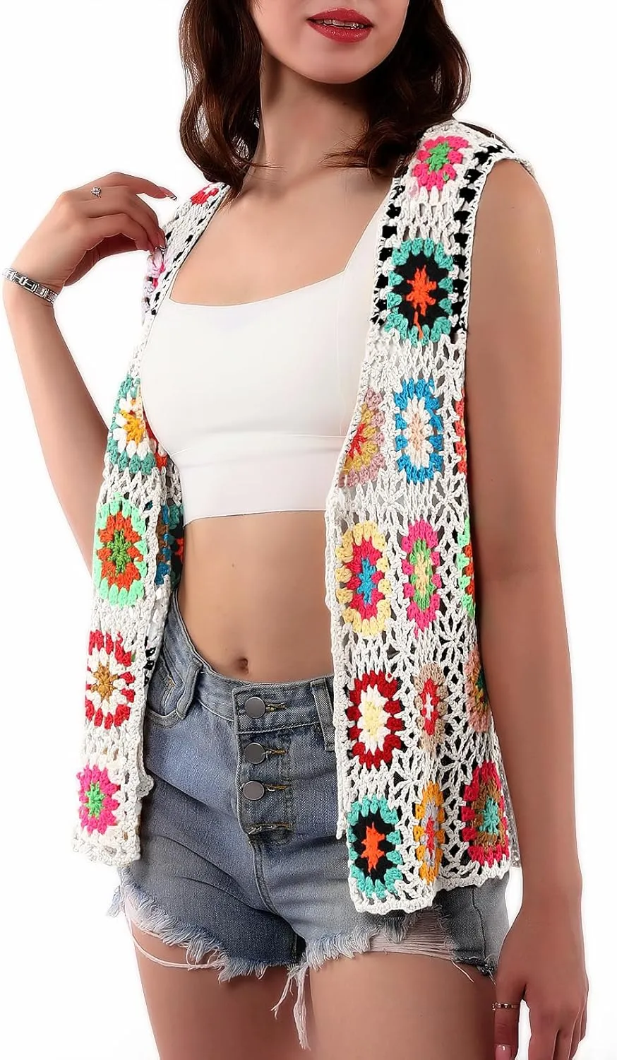 Crochet African Flower Granny Square Crochet Vest, Color Block Sweater, Knitted Multicolor Open Front Cardigan