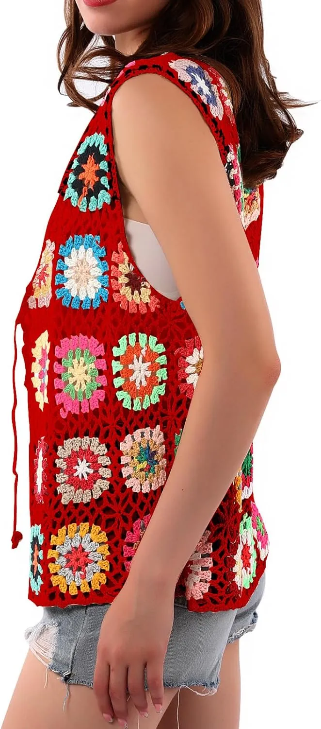 Crochet African Flower Granny Square Crochet Vest, Color Block Sweater, Knitted Multicolor Open Front Cardigan