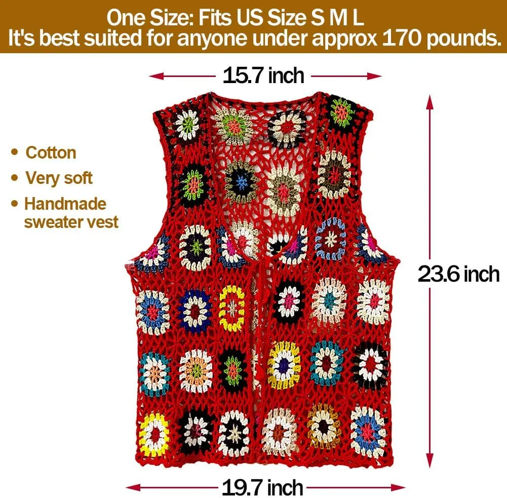 Crochet African Flower Granny Square Crochet Vest, Color Block Sweater, Knitted Multicolor Open Front Cardigan