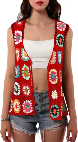 Crochet African Flower Granny Square Crochet Vest, Color Block Sweater, Knitted Multicolor Open Front Cardigan