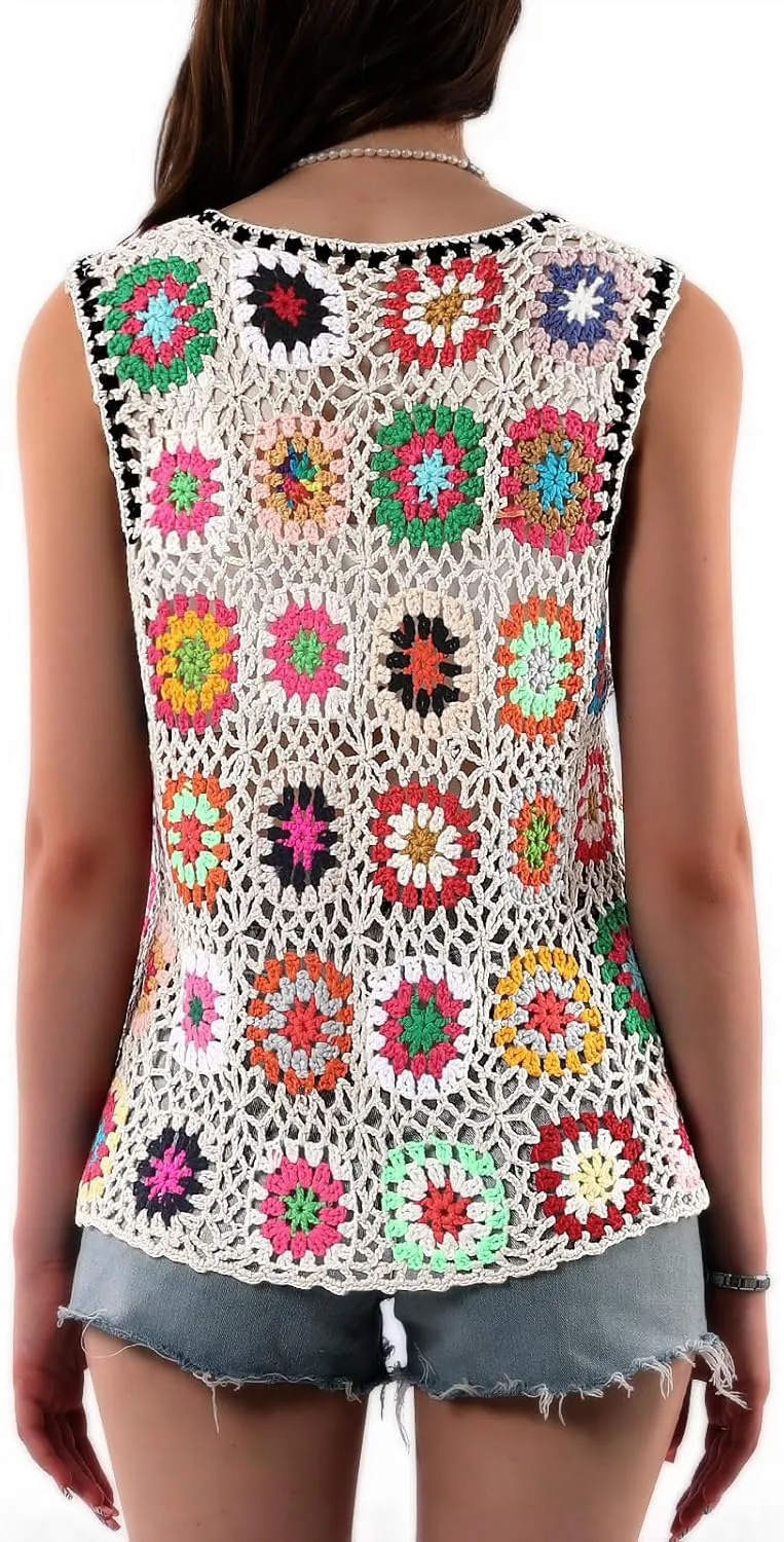 Crochet African Flower Granny Square Crochet Vest, Color Block Sweater, Knitted Multicolor Open Front Cardigan