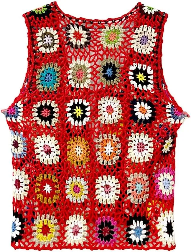 Crochet African Flower Granny Square Crochet Vest, Color Block Sweater, Knitted Multicolor Open Front Cardigan