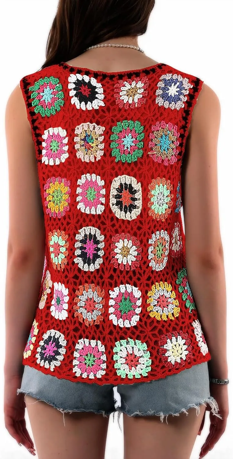 Crochet African Flower Granny Square Crochet Vest, Color Block Sweater, Knitted Multicolor Open Front Cardigan