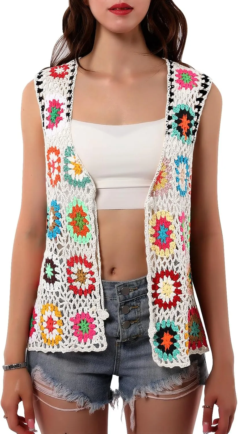 Crochet African Flower Granny Square Crochet Vest, Color Block Sweater, Knitted Multicolor Open Front Cardigan
