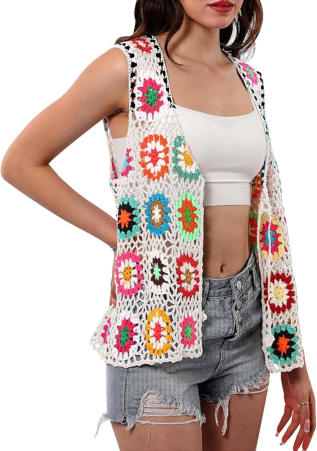 Crochet African Flower Granny Square Crochet Vest, Color Block Sweater, Knitted Multicolor Open Front Cardigan
