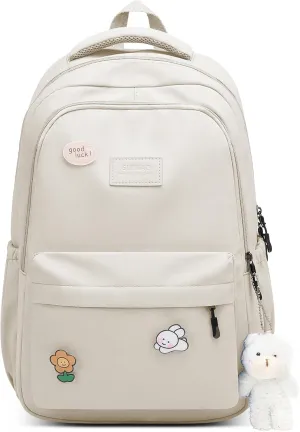 Cute Aesthetic Backpack for Girls,Kawaii Backpack for School, College Bookbag for Teens Women with Bear Pendant and Pins, Beige White