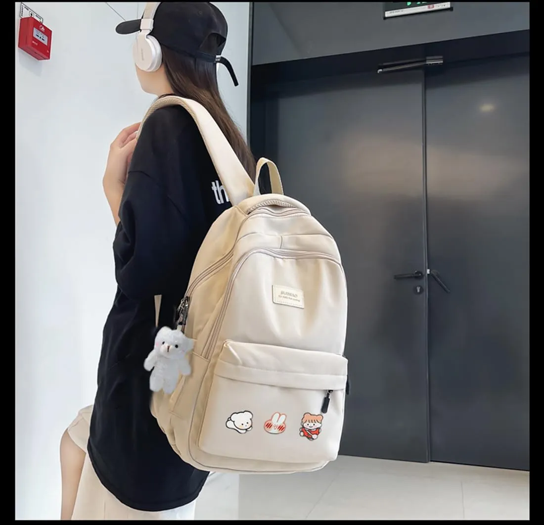 Cute Aesthetic Backpack for Girls,Kawaii Backpack for School, College Bookbag for Teens Women with Bear Pendant and Pins, Beige White
