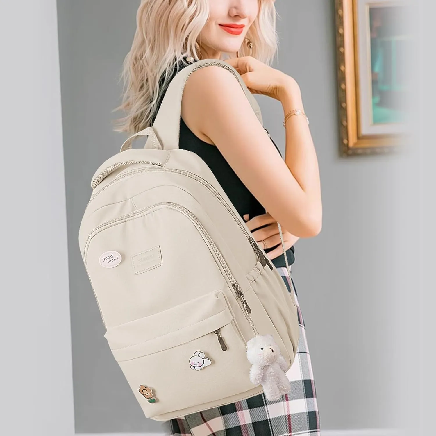 Cute Aesthetic Backpack for Girls,Kawaii Backpack for School, College Bookbag for Teens Women with Bear Pendant and Pins, Beige White
