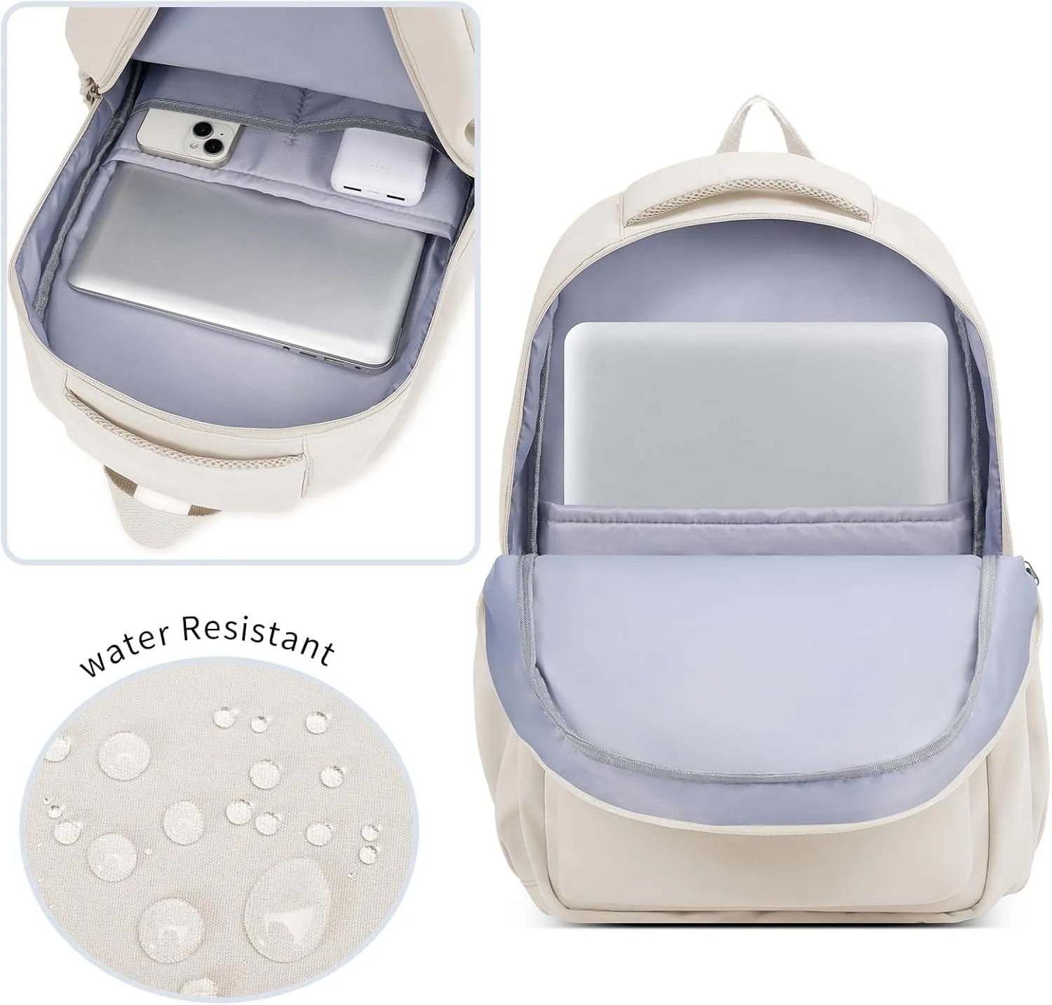 Cute Aesthetic Backpack for Girls,Kawaii Backpack for School, College Bookbag for Teens Women with Bear Pendant and Pins, Beige White