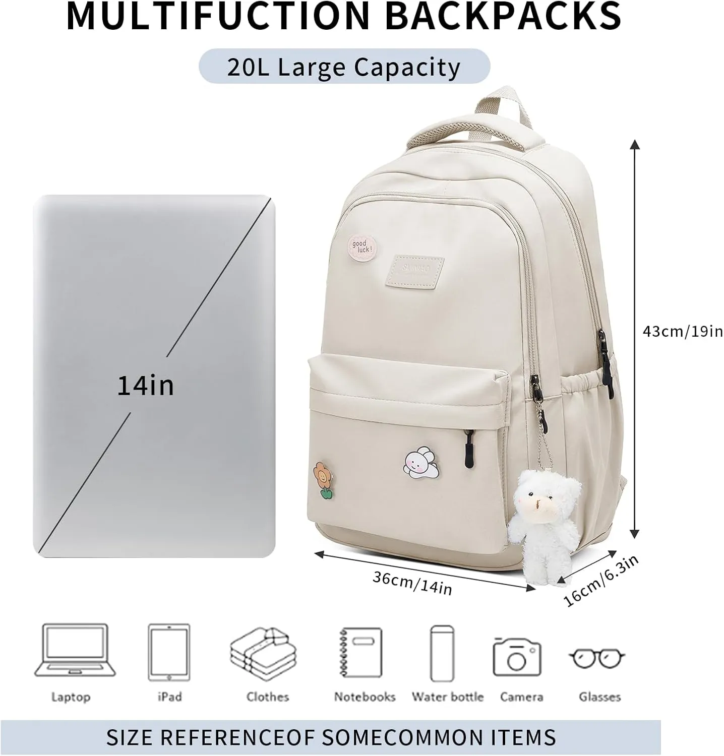 Cute Aesthetic Backpack for Girls,Kawaii Backpack for School, College Bookbag for Teens Women with Bear Pendant and Pins, Beige White