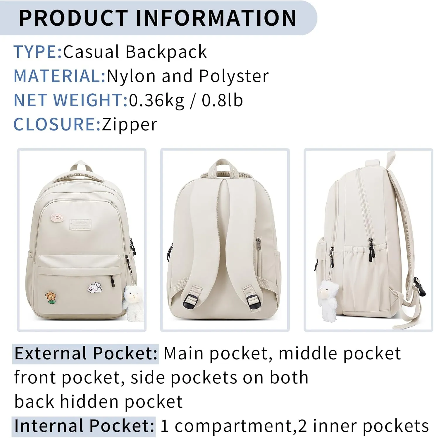 Cute Aesthetic Backpack for Girls,Kawaii Backpack for School, College Bookbag for Teens Women with Bear Pendant and Pins, Beige White
