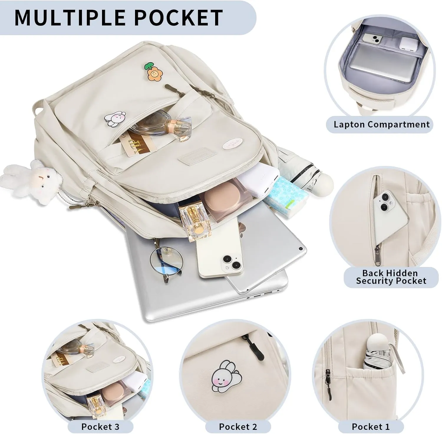 Cute Aesthetic Backpack for Girls,Kawaii Backpack for School, College Bookbag for Teens Women with Bear Pendant and Pins, Beige White
