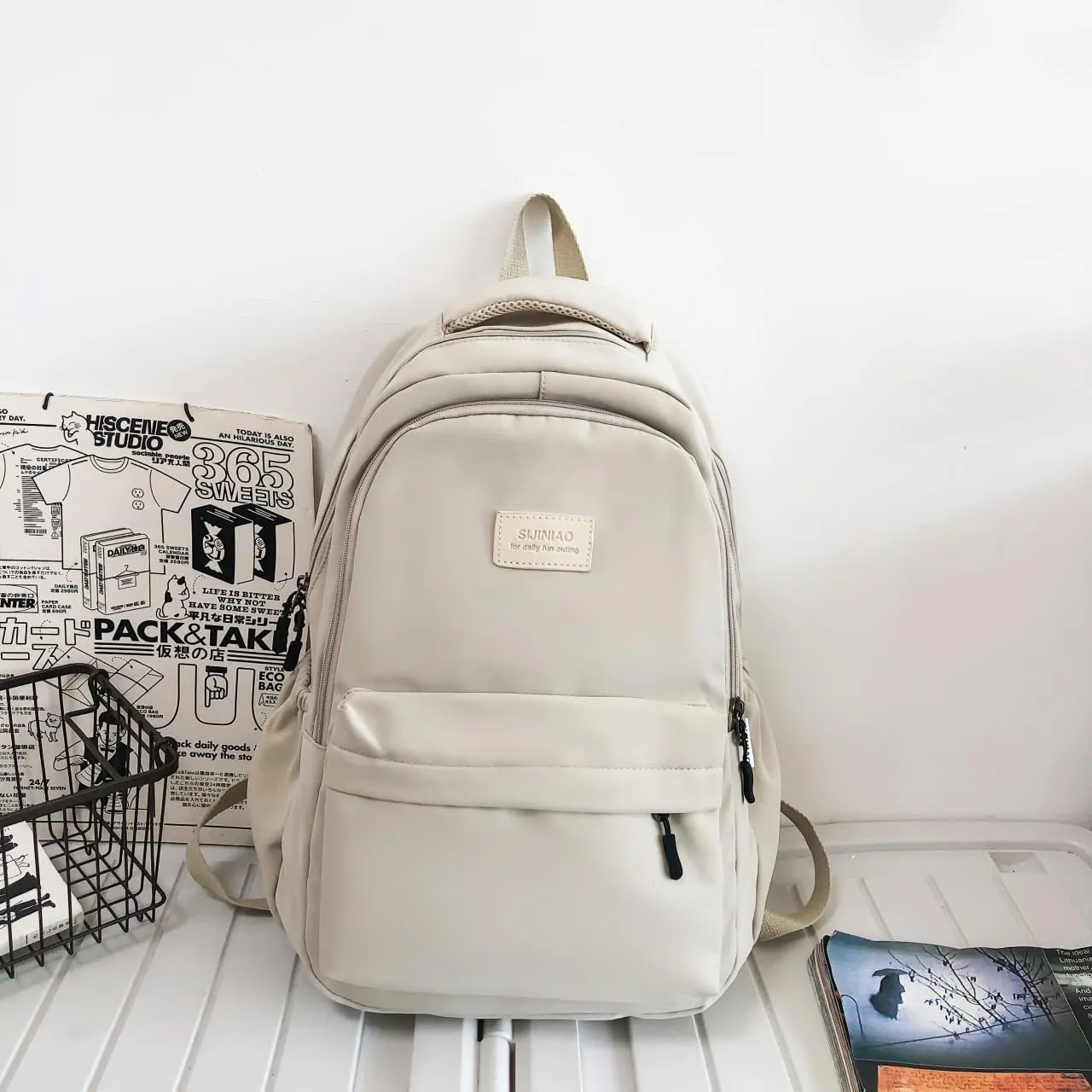 Cute Aesthetic Backpack for Girls,Kawaii Backpack for School, College Bookbag for Teens Women with Bear Pendant and Pins, Beige White