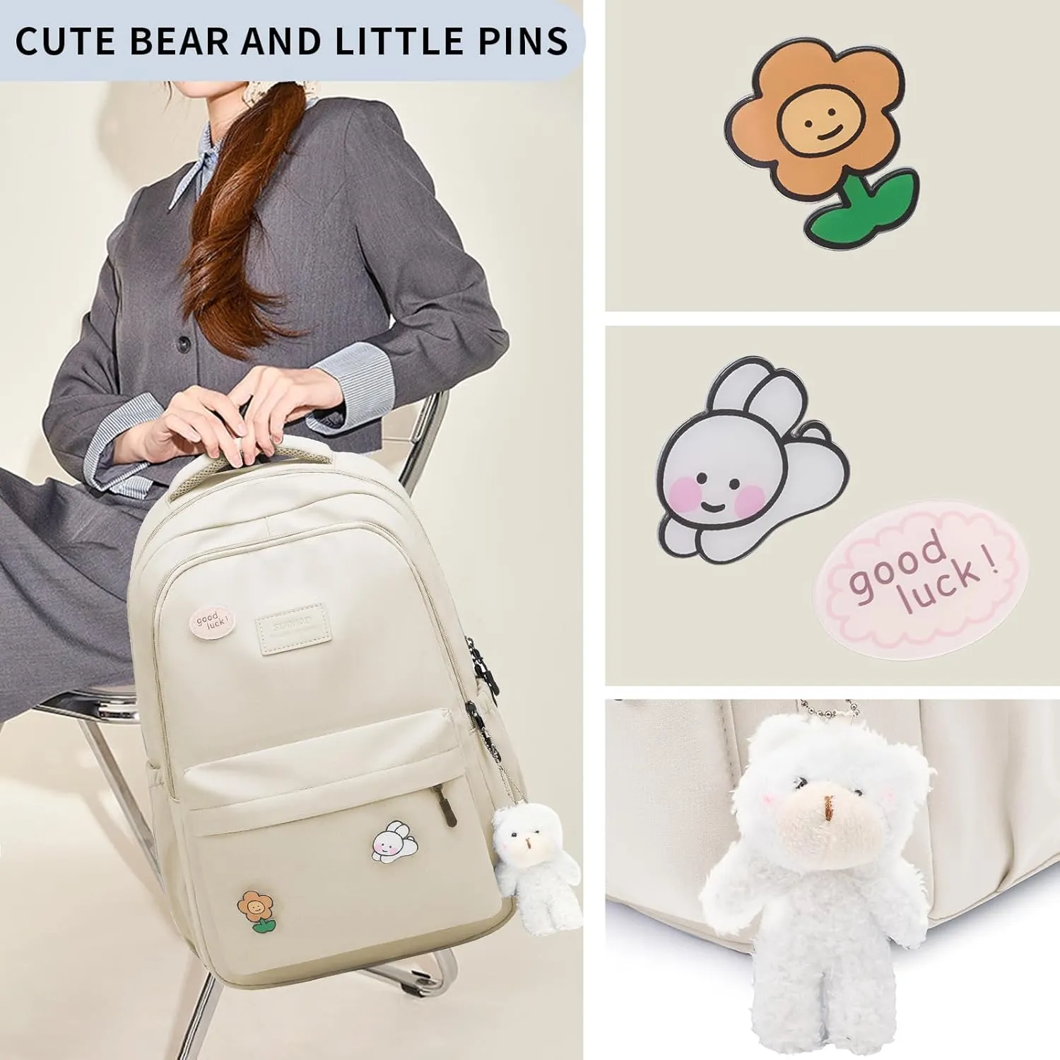 Cute Aesthetic Backpack for Girls,Kawaii Backpack for School, College Bookbag for Teens Women with Bear Pendant and Pins, Beige White