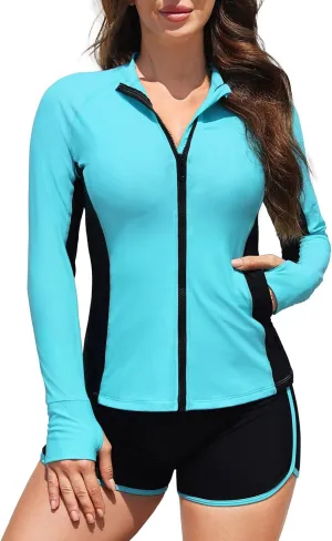 Daci Women's Long Sleeve Rash Guard - 2 Piece Zip Front Swimsuit with Zipper Pockets Swim Shirt and Shorts 2025