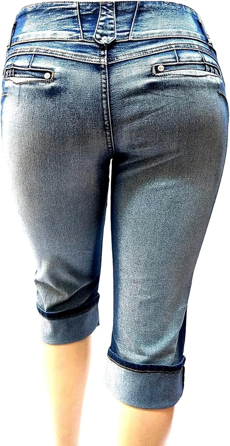 D&B by LA CHULA Women's Plus Size Blue Denim Jeans Bermuda Short/Capri Pants