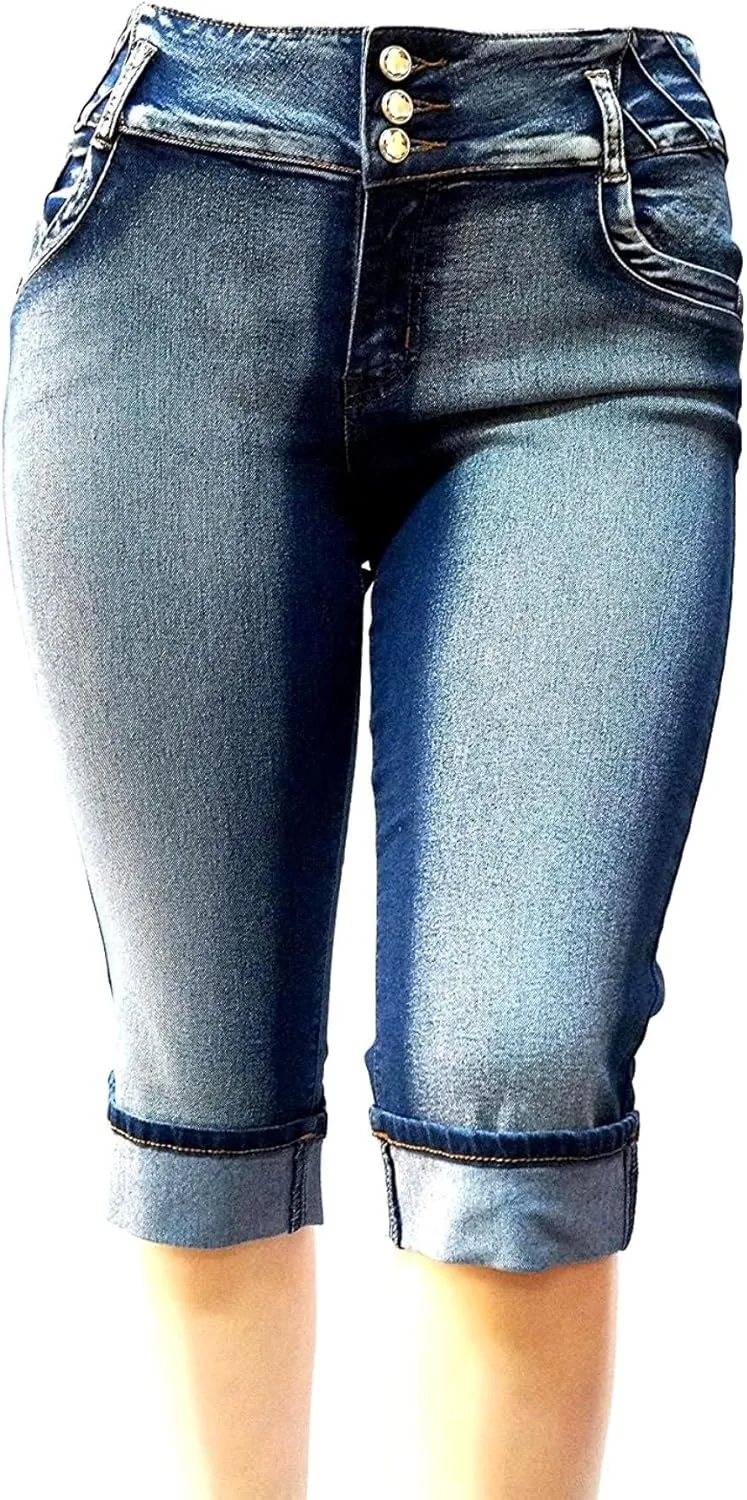 D&B by LA CHULA Women's Plus Size Blue Denim Jeans Bermuda Short/Capri Pants