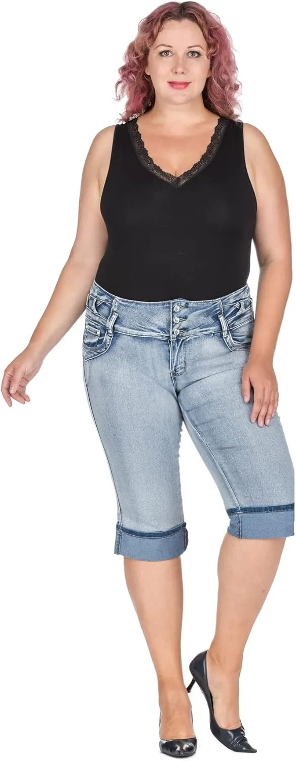 D&B by LA CHULA Women's Plus Size Blue Denim Jeans Bermuda Short/Capri Pants
