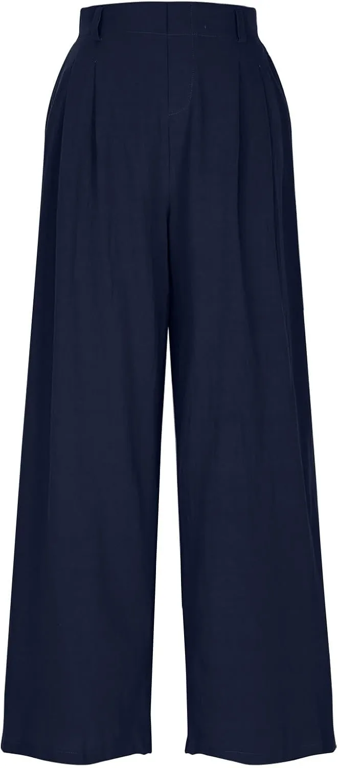 DASAYO Linen Pants for Women Dressy Casual High Waisted Cropped Palazzo Ladies Wide Leg Trousers with Pockets Summer Clothes