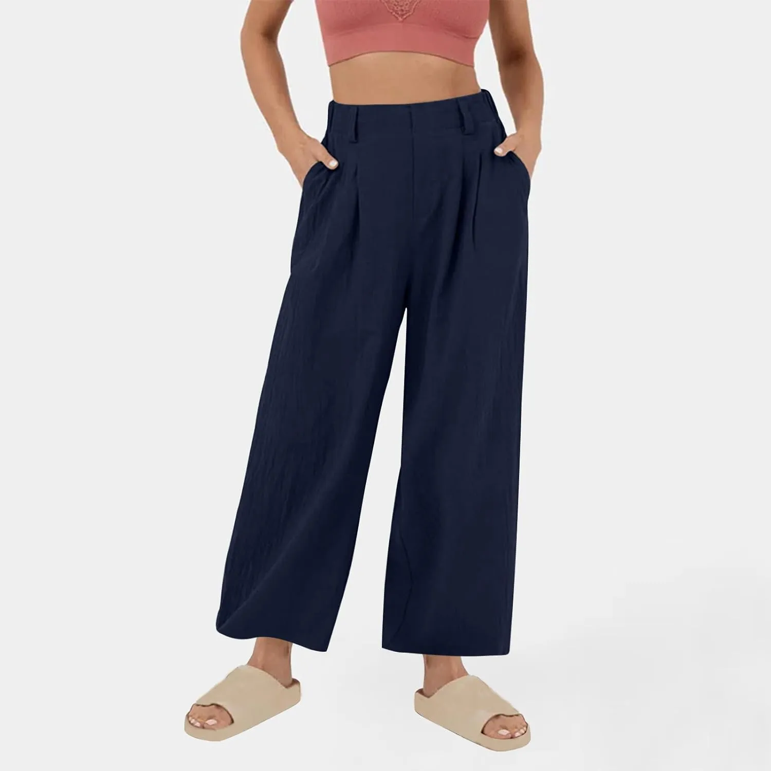 DASAYO Linen Pants for Women Dressy Casual High Waisted Cropped Palazzo Ladies Wide Leg Trousers with Pockets Summer Clothes