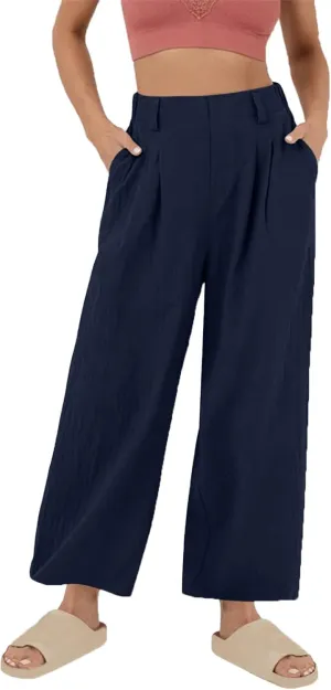 DASAYO Linen Pants for Women Dressy Casual High Waisted Cropped Palazzo Ladies Wide Leg Trousers with Pockets Summer Clothes