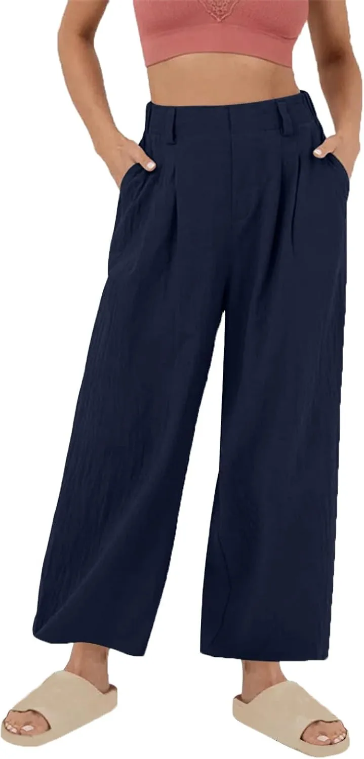DASAYO Linen Pants for Women Dressy Casual High Waisted Cropped Palazzo Ladies Wide Leg Trousers with Pockets Summer Clothes