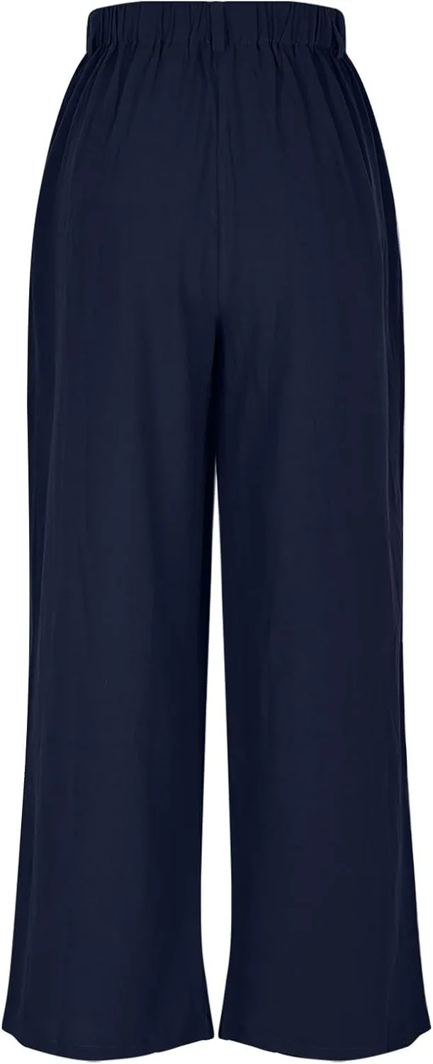 DASAYO Linen Pants for Women Dressy Casual High Waisted Cropped Palazzo Ladies Wide Leg Trousers with Pockets Summer Clothes
