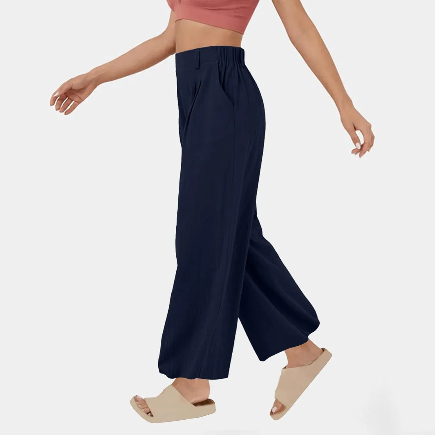 DASAYO Linen Pants for Women Dressy Casual High Waisted Cropped Palazzo Ladies Wide Leg Trousers with Pockets Summer Clothes