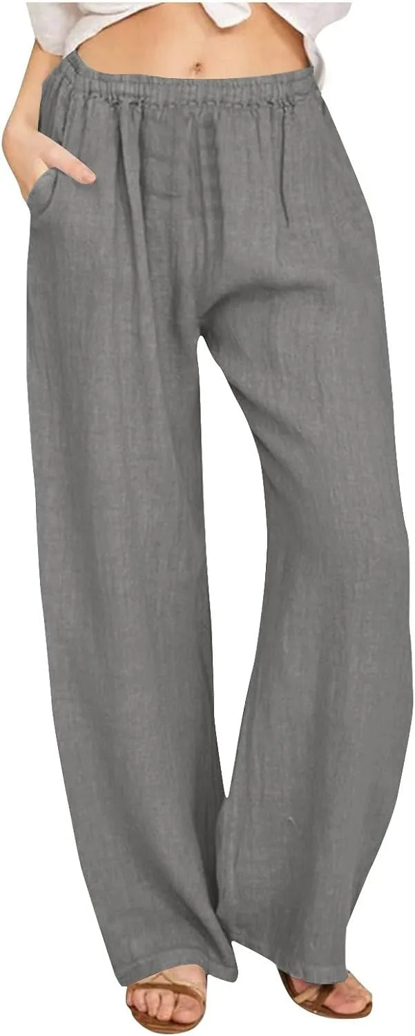 DASAYO Women's Summer Elastic Waist Cotton Linen Wide Leg Trousers Casual Loose Lounge Beach Palazzo Pants with Pockets