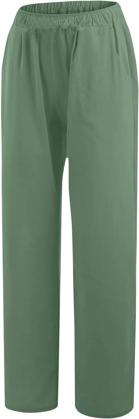 DASAYO Women's Summer Elastic Waist Cotton Linen Wide Leg Trousers Casual Loose Lounge Beach Palazzo Pants with Pockets