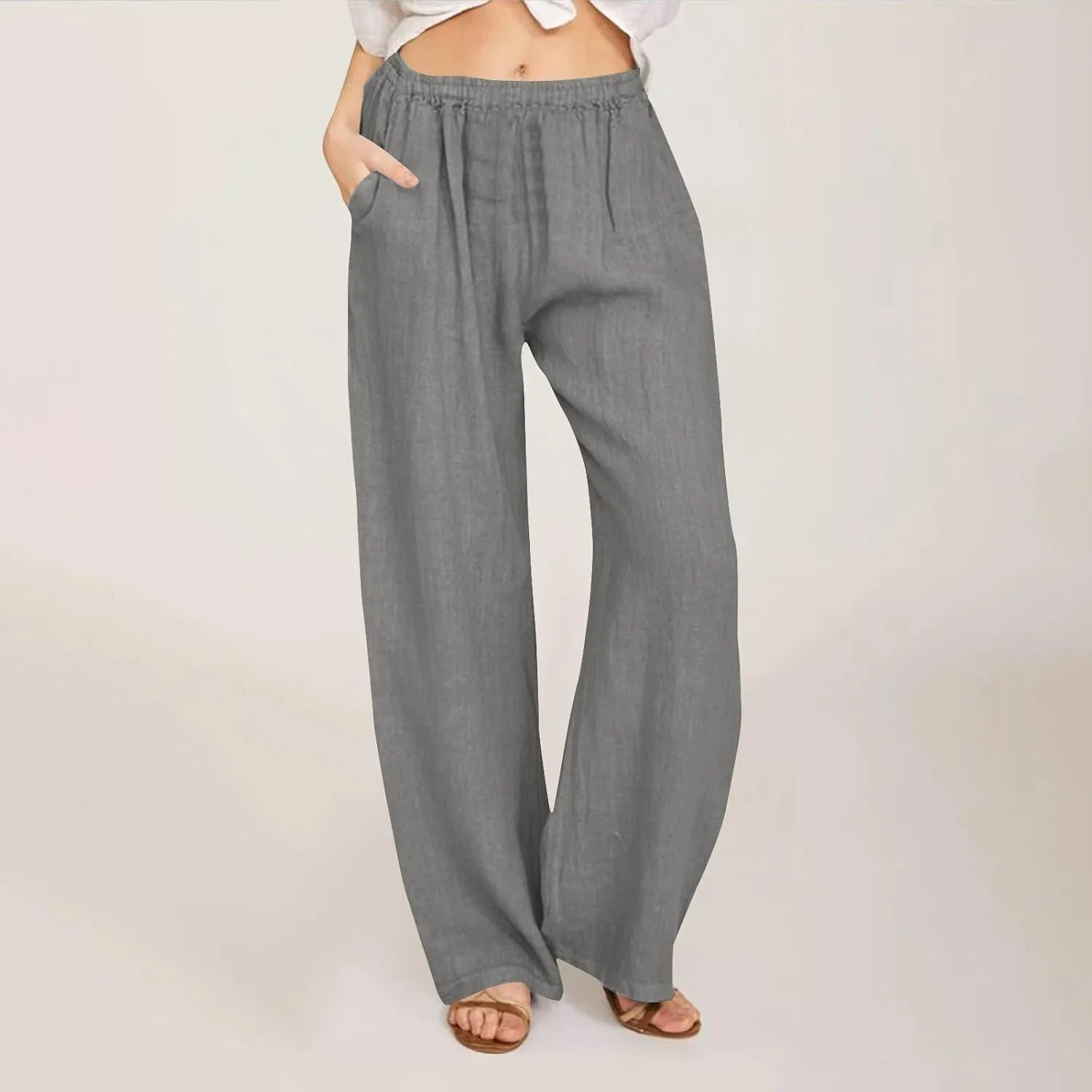 DASAYO Women's Summer Elastic Waist Cotton Linen Wide Leg Trousers Casual Loose Lounge Beach Palazzo Pants with Pockets