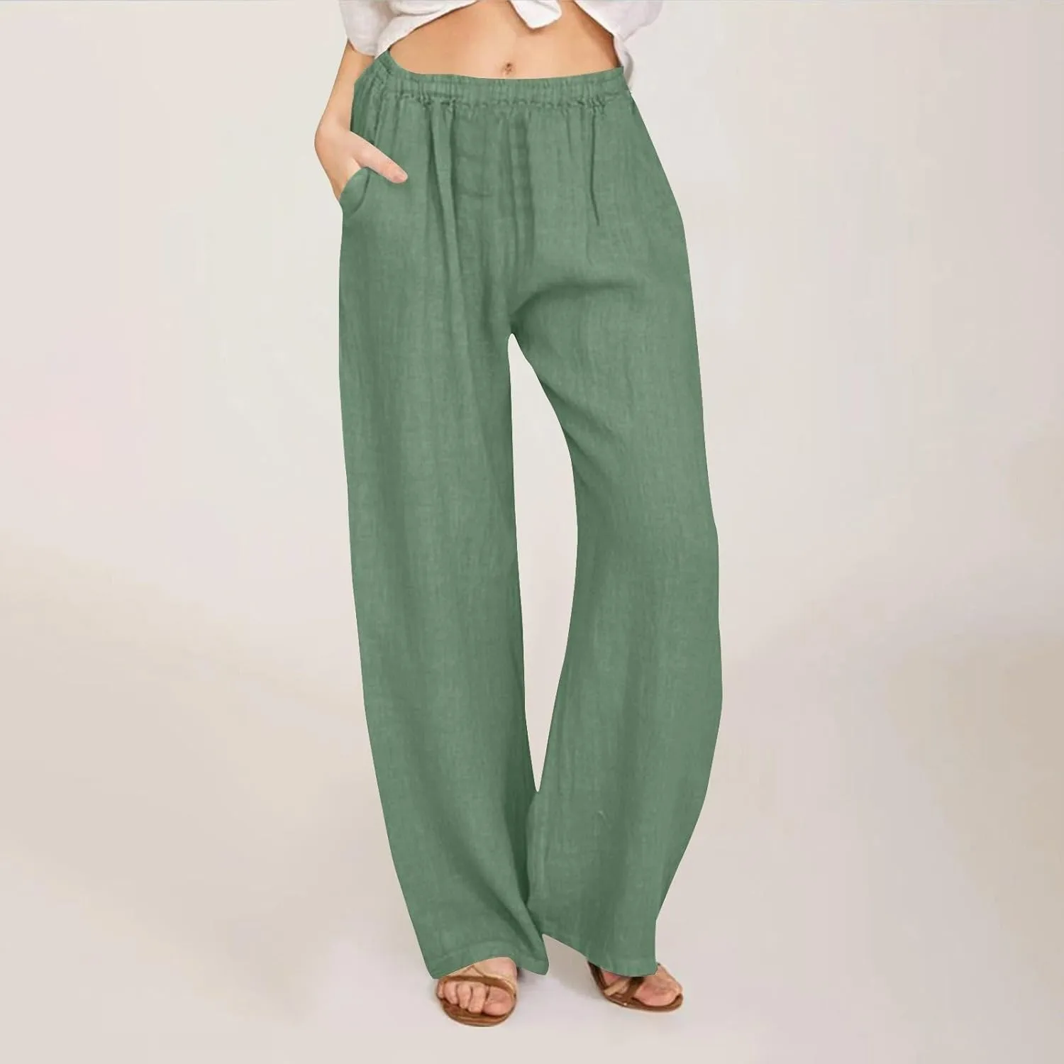 DASAYO Women's Summer Elastic Waist Cotton Linen Wide Leg Trousers Casual Loose Lounge Beach Palazzo Pants with Pockets