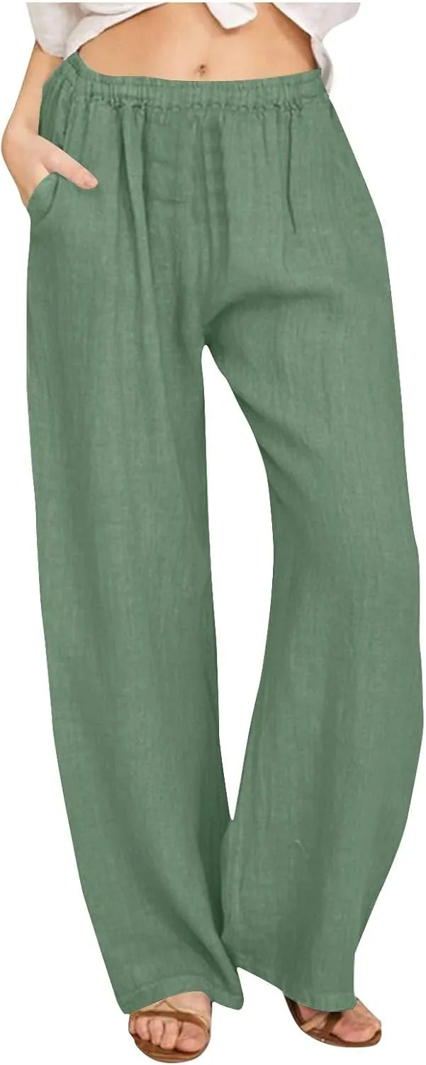 DASAYO Women's Summer Elastic Waist Cotton Linen Wide Leg Trousers Casual Loose Lounge Beach Palazzo Pants with Pockets
